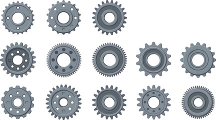 Vector Set of 13 High-Torque Mechanical Steel Gears Icons – Industrial Engineering Components on White Background"

