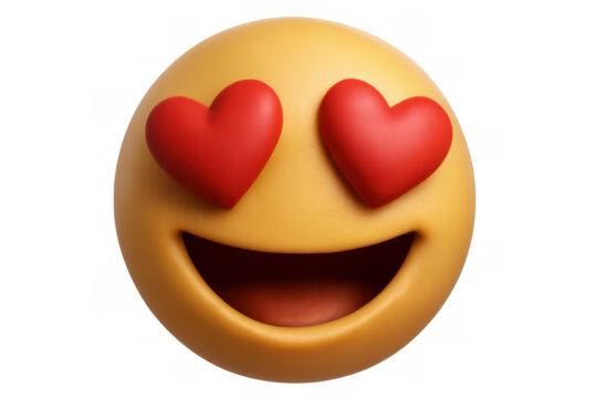 Smiling emoji radiating love, displaying heart-shaped eyes, 3d-rendered on transparent backdrop, symbolizing deep emotional connection
