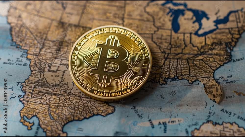 Poster a bitcoin coin resting on a map highlighting the importance of crypto exchange security in various r