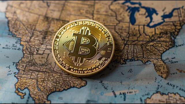 A bitcoin coin resting on a map highlighting the importance of crypto exchange security in various regions worldwide. Bitcoin on World Map &ndash; Animated Video Version