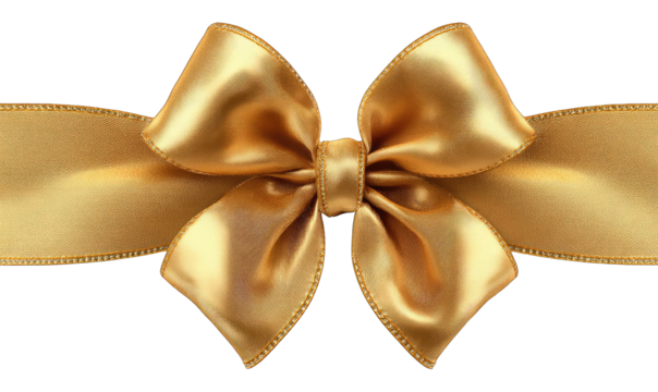 A gold satin ribbon tied in a large bow, isolated on a black background