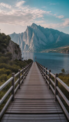 Obraz premium Wooden pier extending into lake with mountains in the background 