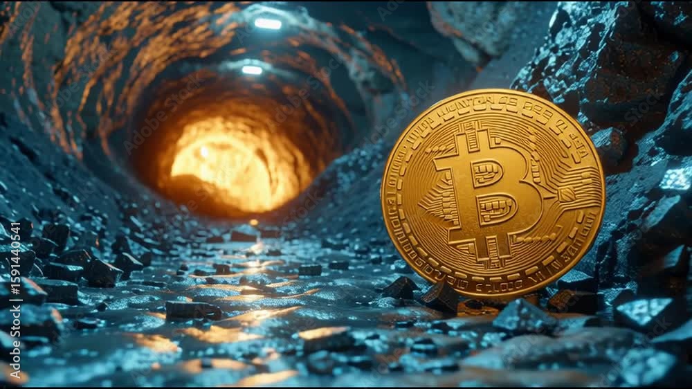 Poster bitcoin coin positioned inside a tunnel representing the complexities of crypto mining and the digit