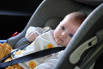 Cute little baby fastened in car seat