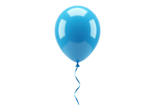 A single bright blue balloon with a curly ribbon, floating against a transparent background