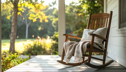 Cozy porch with rocking chair at sunrise.