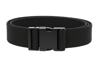 Black fabric belt with plastic buckle isolated on transparent background