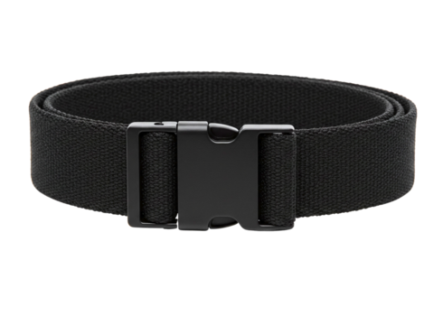 Black fabric belt with plastic buckle isolated on transparent background