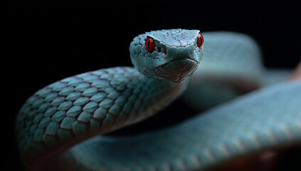 Close up of a blue viper snake head with red eyes isolated on transparent background