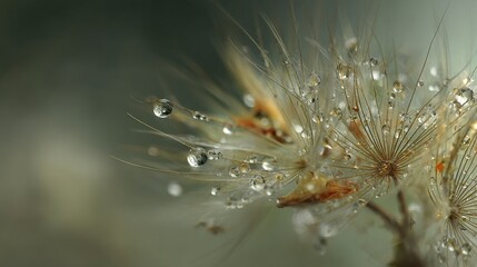 Dandelion seed head covered in glistening water droplets, against blurred background