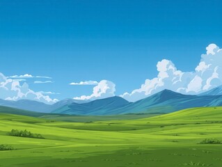 Serene Green Field Landscape Under a Bright Blue Sky with Distant Mountains