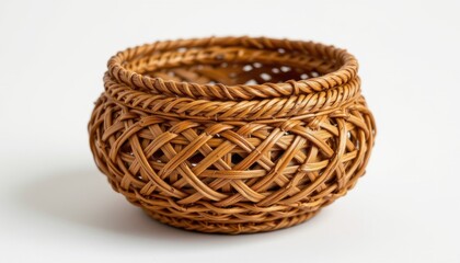 a high resolution, ultra sharp isolated potpourri container handcrafted from woven rattan, placed on a pure white background with no shadow or minimal soft shadows only
