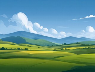 Obraz premium Serene Pixel Art Landscape Sunny Day in Green Fields and Blue Mountains