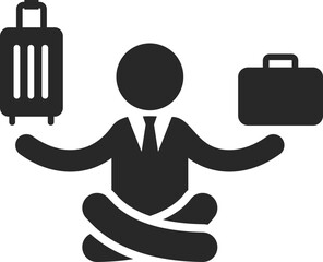Businessman in meditation pose holding suitcase and briefcase symbolizing travel, balance, and work-life integration