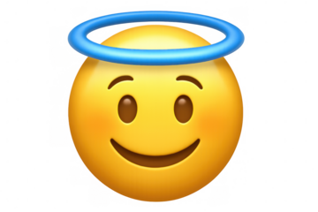 Innocent and joyful emoji wearing a halo, conveying a sense of purity and happiness on a transparent background