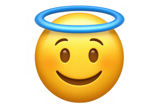 Innocent and joyful emoji wearing a halo, conveying a sense of purity and happiness on a transparent background - Powered by Adobe
