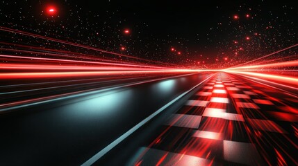 Futuristic checkered road with light trails and a starry sky, creating a sense of speed and innovation, ideal for technology concepts