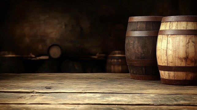 Vintage Wooden Barrels and Rustic Table in Cellar Background for Beverage Packaging Brewing Restaurant Decoration Product Display