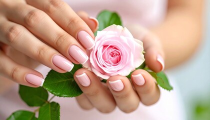 Fototapeta premium Close-up of elegant woman’s hands with glossy pink French manicure, gently holding single sprig of pink roses with lush green leaves, soft background