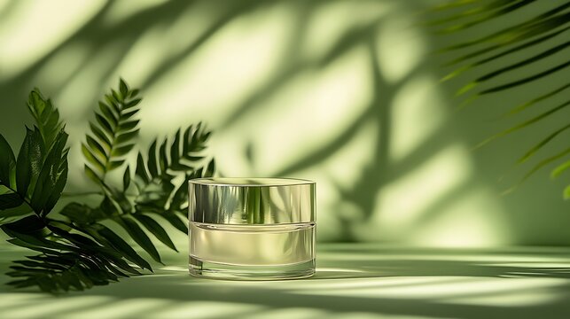 Natural skincare product cream jar mockup with green leaves and shadows for beauty and health