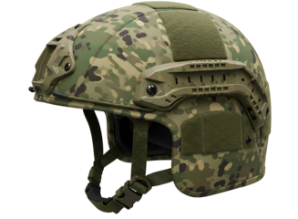 Modern tactical combat helmet with camouflage pattern isolated on transparent background
