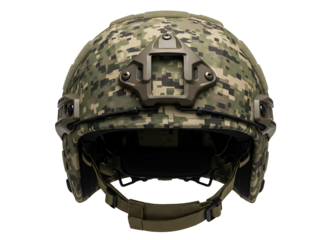 Modern tactical combat helmet with camouflage pattern isolated on transparent background
