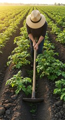 Farmer hoes potato field at sunset