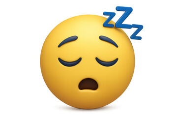 3d yellow emoji sleeping, closed eyes, floating zzz text, transparent backdrop, digital illustration rendering