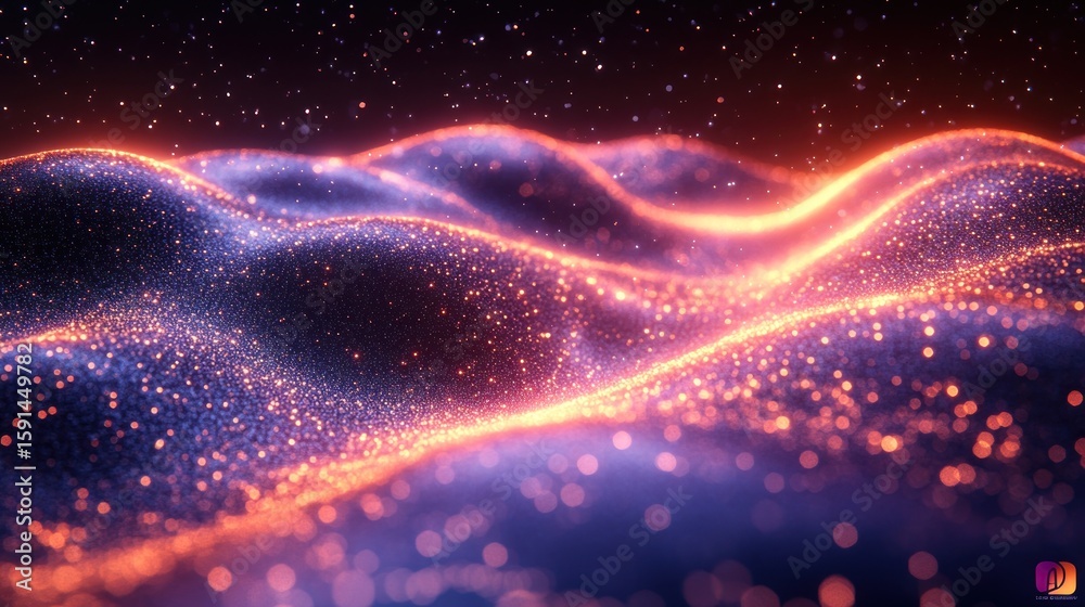 Poster abstract glittering particle waves with dynamic light display scenery