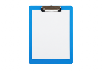 A blue clipboard with a blank white sheet of paper held by a silver clip, isolated on a transparent background