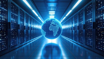 Futuristic server room with glowing world globe