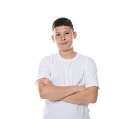 Happy teenage boy posing on white background