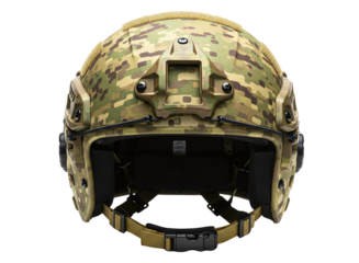 Modern tactical combat helmet with camouflage pattern isolated on transparent background