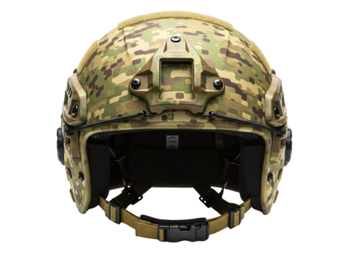 Modern tactical combat helmet with camouflage pattern isolated on transparent background