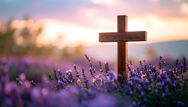 Wooden Cross in Lavender Field Sunset - Spiritual imagery