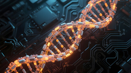 Illuminated DNA Strand Overlaid on Circuit Board Background