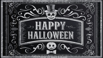Happy halloween greeting card with skull in top hat and bow tie on a decorative black background design