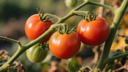 Ripe tomatoes hanging on a vine in a garden setting