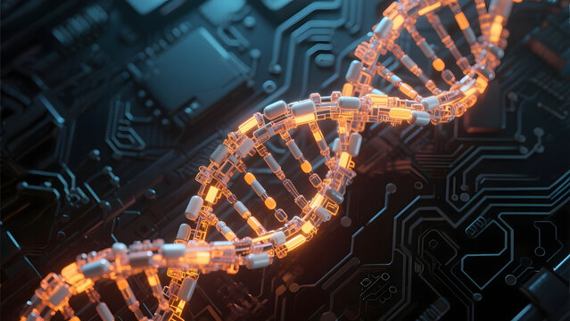 Illuminated DNA Strand Overlaid on Circuit Board Background