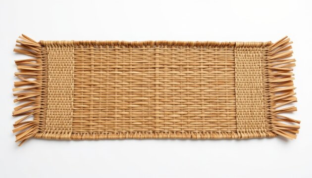a high resolution, ultra sharp isolated table runner handcrafted from woven water hyacinth, placed on a pure white background with no shadow or minimal soft shadows only
