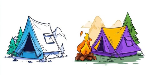 Two Camping Tents Winter and Campfire Illustrations