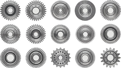 Vector Collection of 15 High-Torque Gear Icons Used in Automotive Engines – Industrial Steel Components for Car and Truck Machinery"

