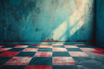 Sunlight casting shadows on colorful checkered floor