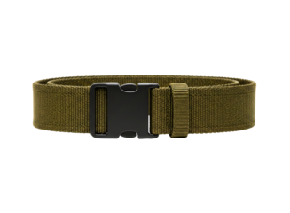 Olive green tactical belt with black buckle isolated on transparent background