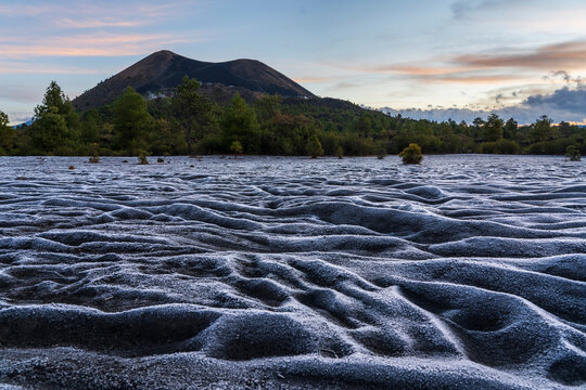 Frozen ground in the area of Paricutin volcano at sunrise