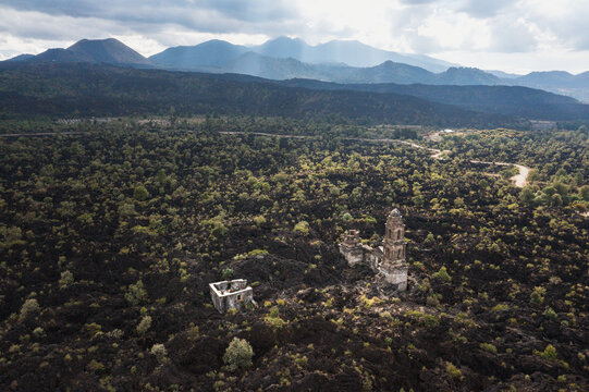 Aereal view of San Juan Paricutin church on a volcanic rock field