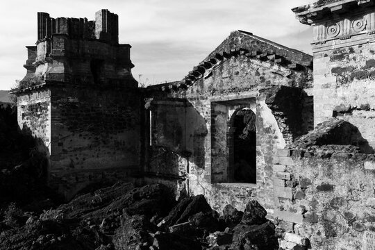 Facade of San Juan Paricutin church buried into volcanic rock