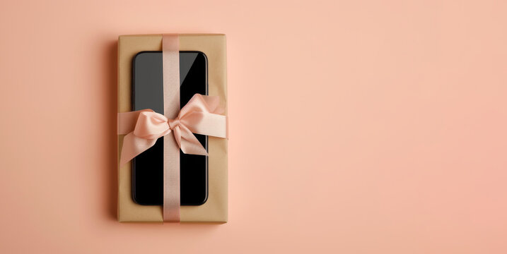 Smartphone gift box with elegant pink ribbon on pastel background - Powered by Adobe