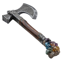 Mystical dwarven war-axe with engraved handle and elemental crystals embedded, isolated on a white background