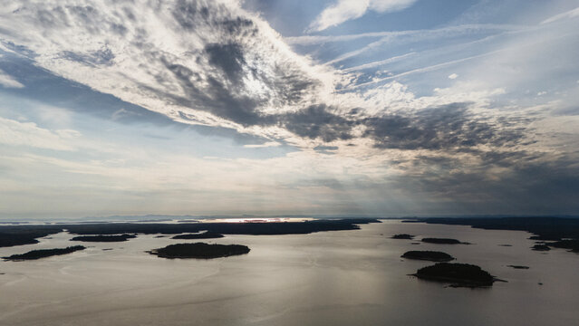 Brilliant sky above island strewn coast of Maine off Eggemoggin Reach
